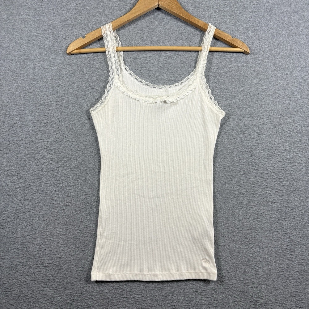 VTG Abercrombie Lace Trim Tank Top Ribbed Cami Off White Womens Y2K Babydoll